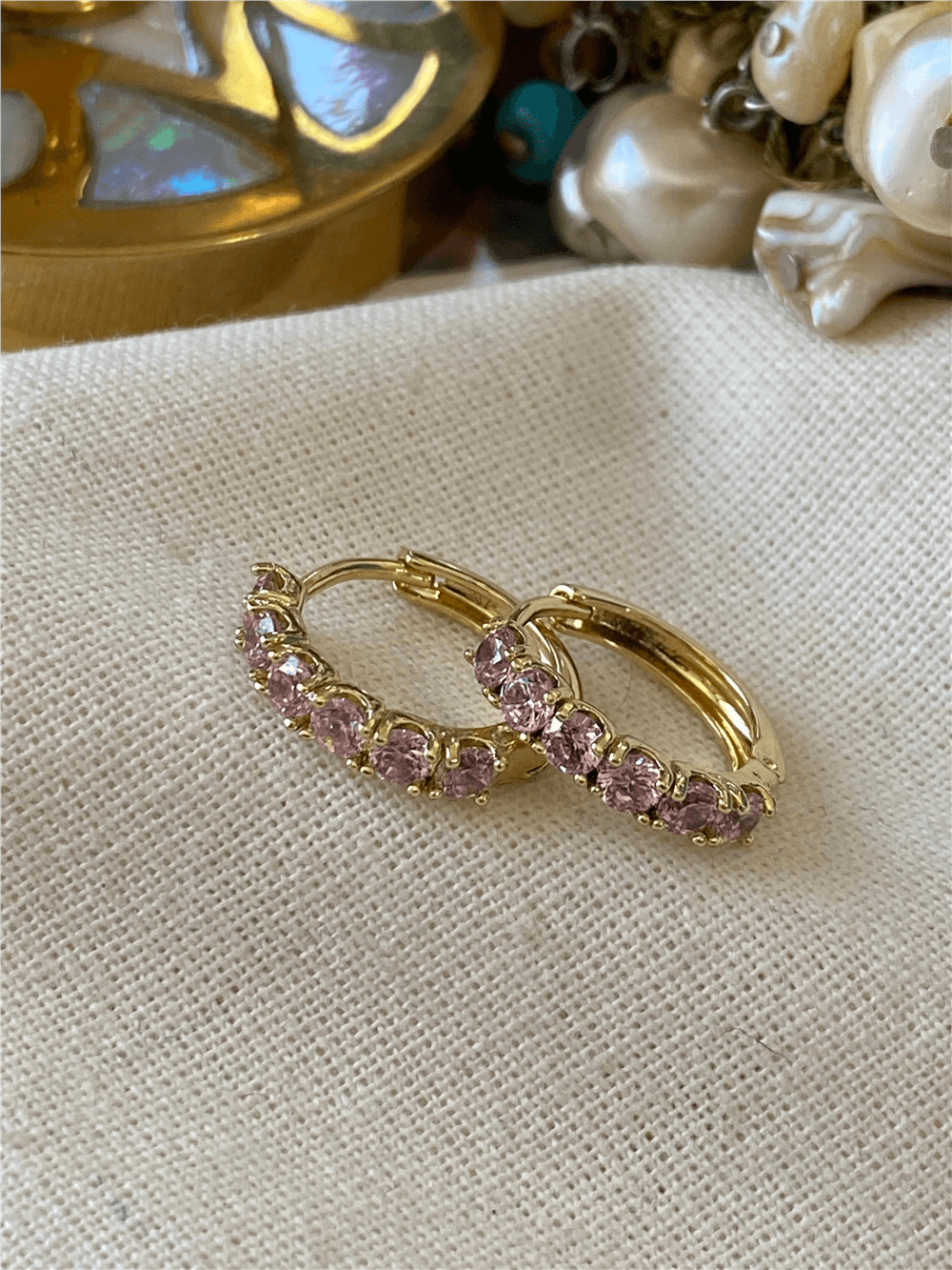 VIP 14K Pembe Taşlı Mini Halka Küpe