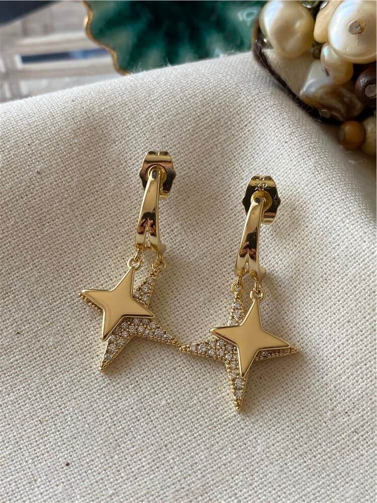 VIP 14K Sallantılı Çift Yıldız Küpe