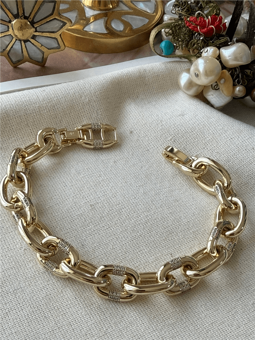 VIP 14K Taş Detaylı Kalın Zincir Bileklik