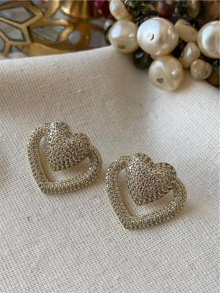 VIP 14K Taşlı Bombe Çift Kalp Küpe