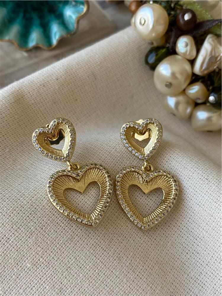 VIP 14K Taşlı Çift Kalp Küpe