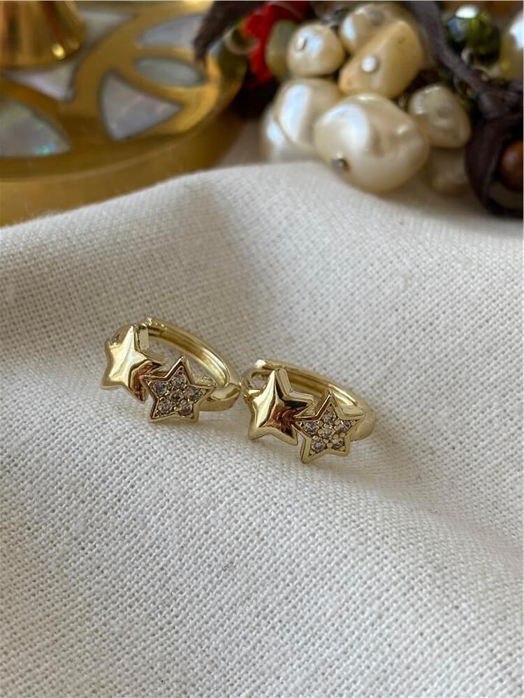 VIP 14K Taşlı Çift Yıldız Detaylı Mini Halka Küpe