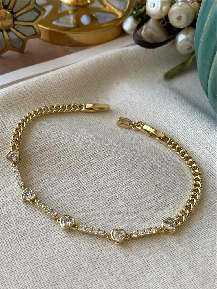 VIP 14K Taşlı Kalpler Zincir Bileklik