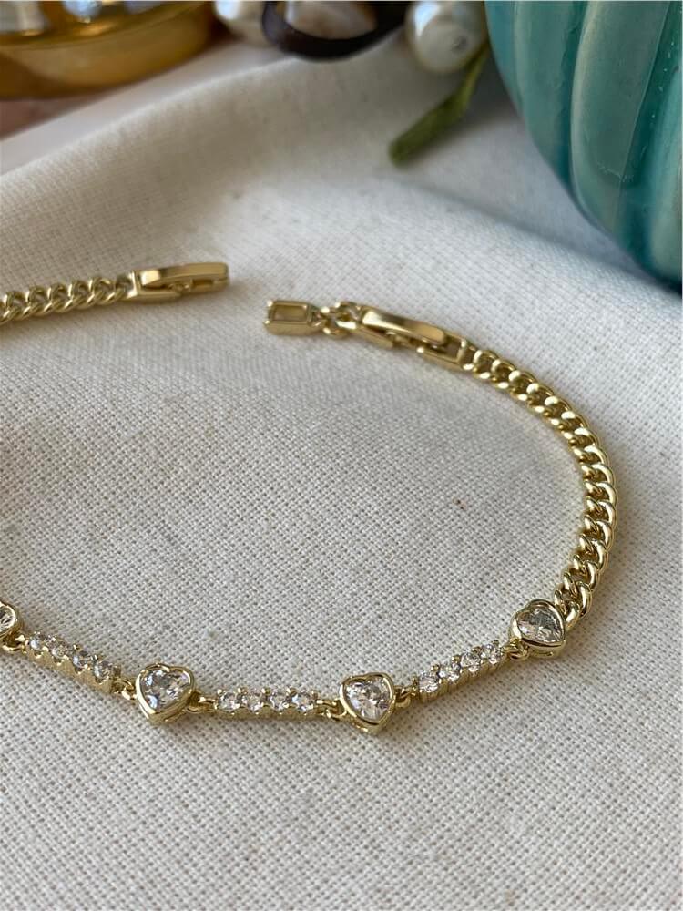 VIP 14K Taşlı Kalpler Zincir Bileklik