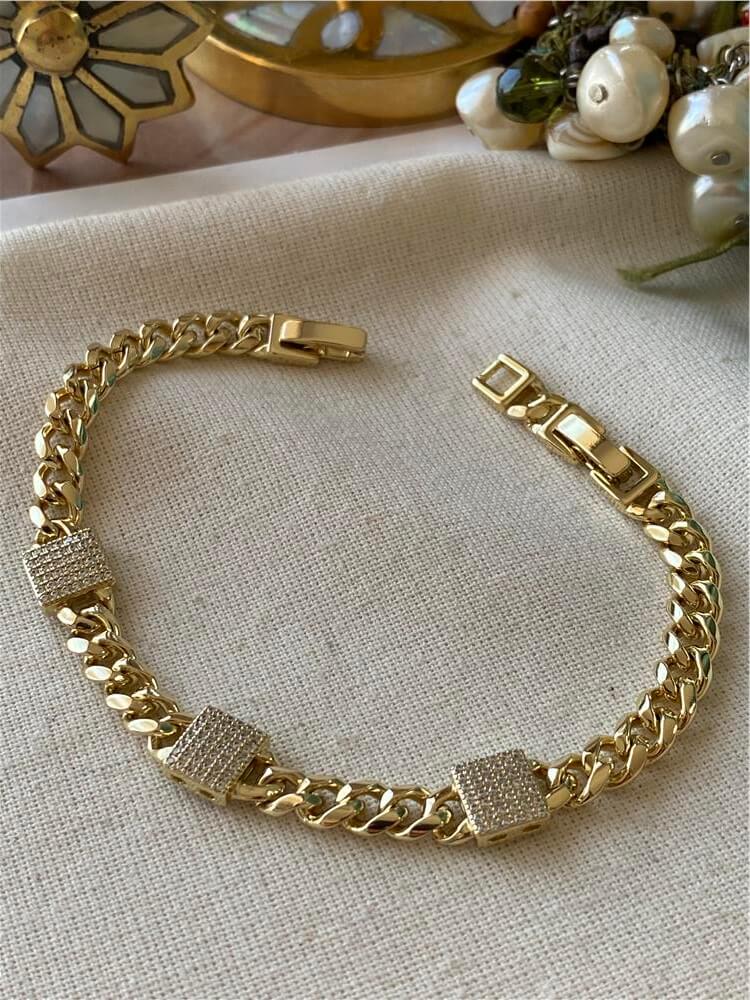 VIP 14K Taşlı Kare Plaka Detaylı Bileklik