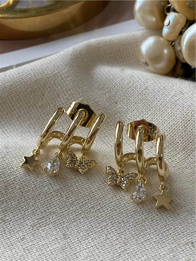 VIP 14K Taşlı Kelebek ve Yıldız Sallantılı Kaburga Küpe