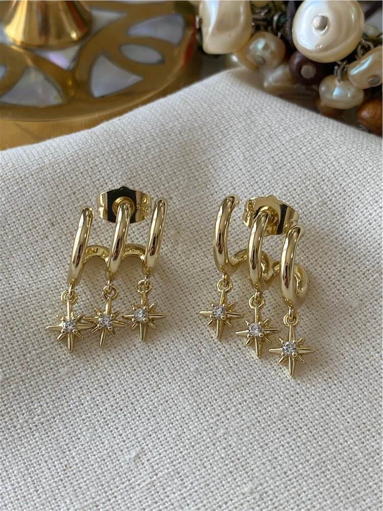 VIP 14K Taşlı Kutup Yıldızı Sallantılı Kaburga Küpe