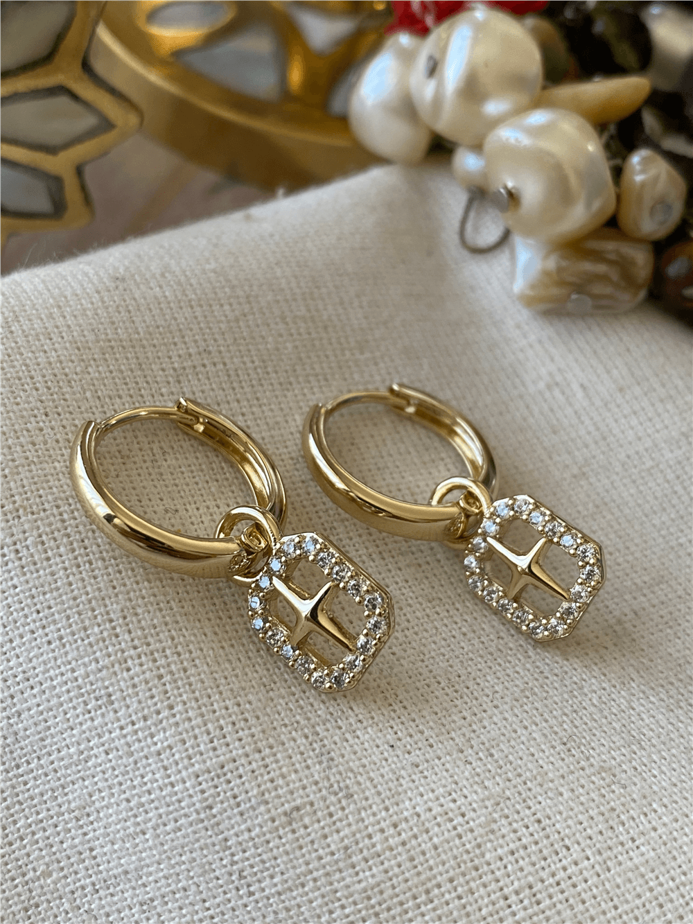VIP 14K Taşlı Yıldız Plaka Charmlı Küpe