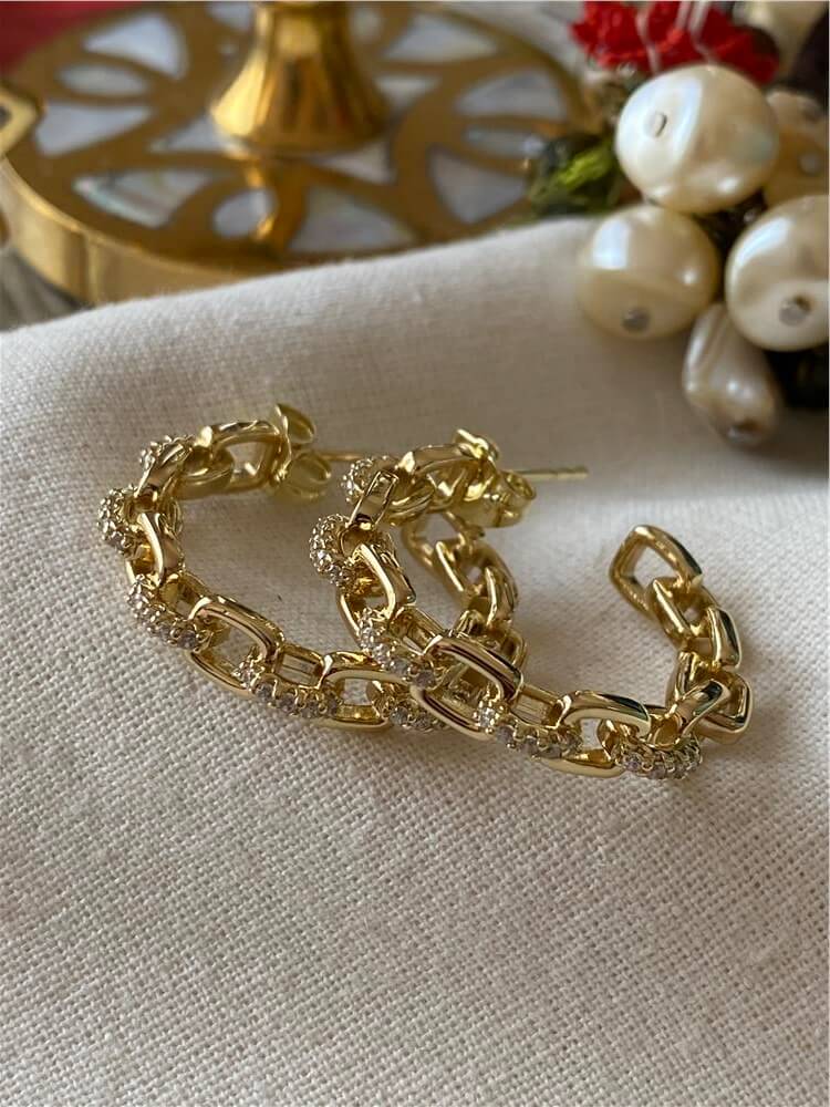 VIP 14K Taşlı Zincir Tasarım C Model Küpe