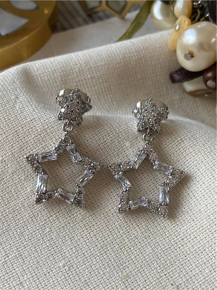 VIP Silver Kesme Taşlı Yıldız Sallantılı Küpe