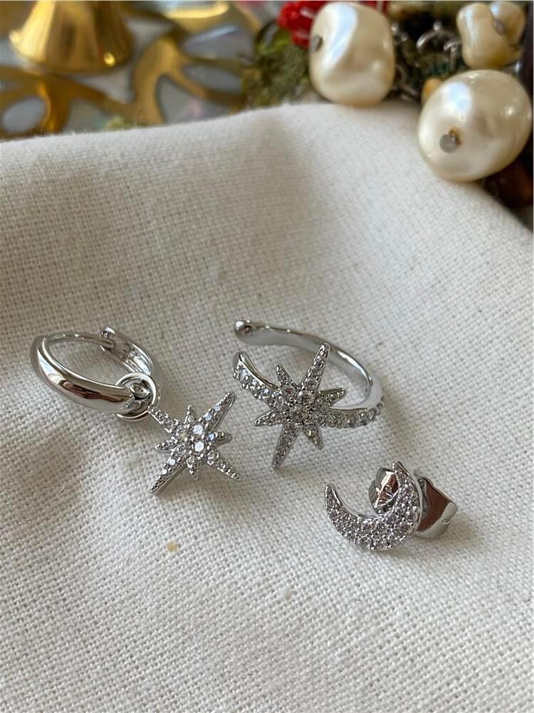 VIP Üçlü Silver Taşlı Ay ve Yıldız Küpe Seti