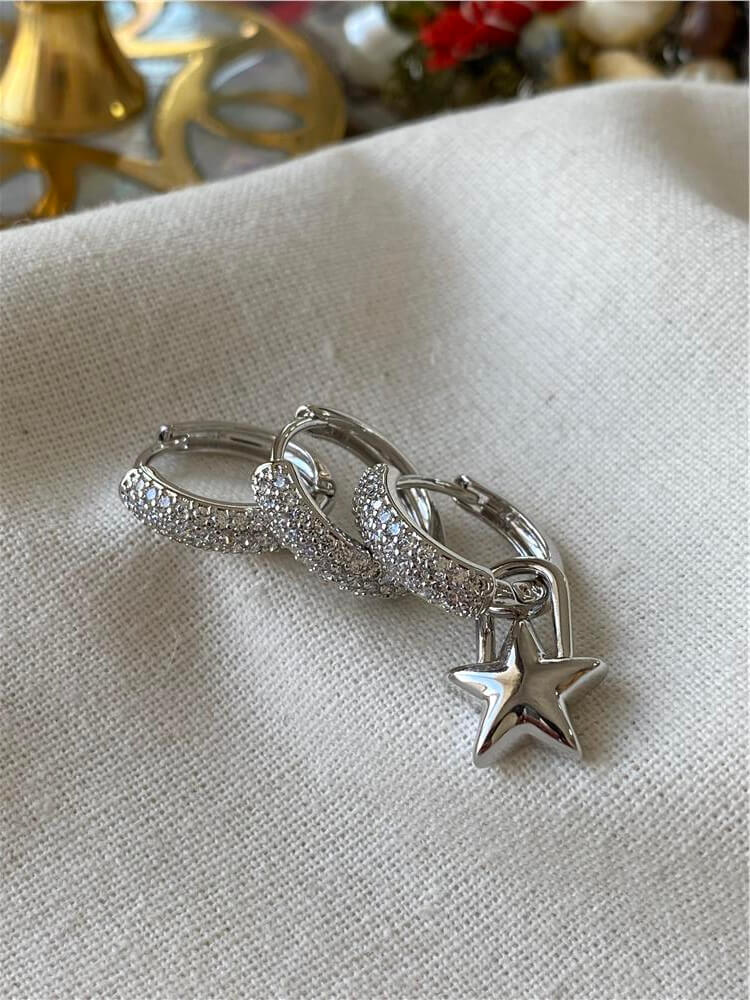 VIP Üçlü Silver Yıldız Sallantılı Taşlı Bombe Küpe Seti
