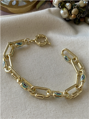 14K Nazar Desenli Bloklu Oval Zincir Bileklik