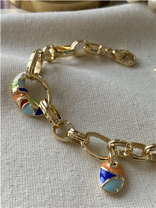 14K Renkli Mineli Charmlı Oval Zincir Bileklik