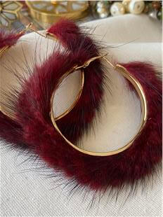 Bordo Tüylü Halka Küpe