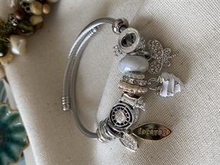 Çelik Beyaz Kalp&Kelebek Charm Bileklik