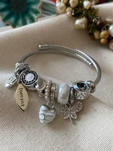 Çelik Beyaz Kalp&Kelebek Charm Bileklik
