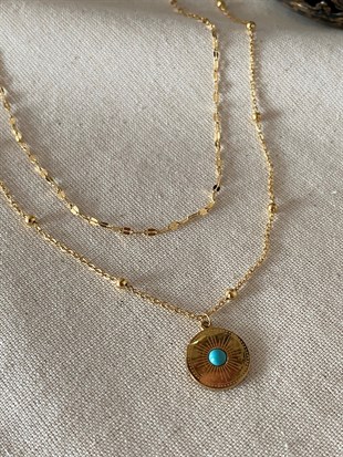 Çelik Çift Zincirli Mavili Kolye