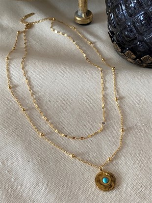 Çelik Çift Zincirli Mavili Kolye