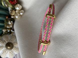 Çelik Detaylı Ayarlanabilir Pembe Sarı Örgü Bileklik