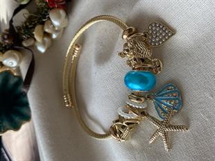 Çelik Gold Kordonlu Mavi Kabuklu Denizyıldızı Charmlı Bileklik