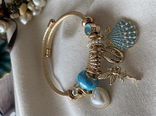 Çelik Gold Kordonlu Mavi Taşlı Peri Charmlı Bileklik