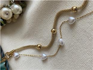 Çelik İkili Kalp İncili Hasır Bileklik