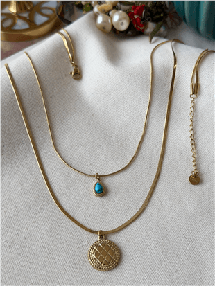 Çelik İkili Mavi Damla Taşlı Plaka Detaylı Kolye