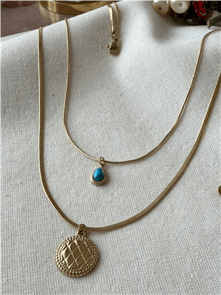 Çelik İkili Mavi Damla Taşlı Plaka Detaylı Kolye