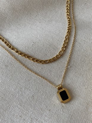 Çelik İkili Siyah Kare Kolye