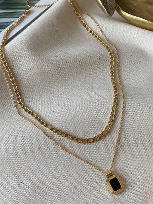 Çelik İkili Siyah Kare Kolye