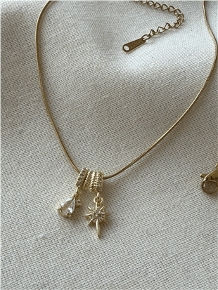 Çelik İkili Yıldız Charmlı Kolye