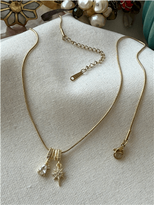 Çelik İkili Yıldız Charmlı Kolye