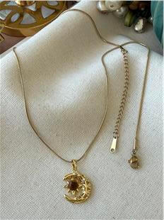 Çelik Kahverengi Taşlı Ay ve Yıldız Kolye