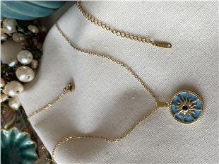 Çelik Mavi Güneş Desenli Kolye