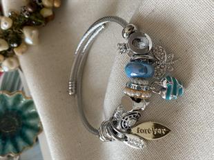 Çelik Mavi Kalp&Kelebek Charm Bileklik