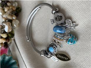 Çelik Mavi Kalp&Kelebek Charm Bileklik