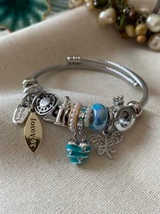 Çelik Mavi Kalp&Kelebek Charm Bileklik