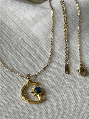 Çelik Mavi Renkli Ay ve Yıldız Kolye