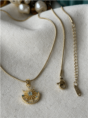 Çelik Mavi Taşlı Ay ve Güneş Kolye