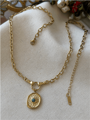 Çelik Mavi Taşlı Güneş Kolye