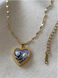 Çelik Mor Mineli Çiçekli Plaka Kolye