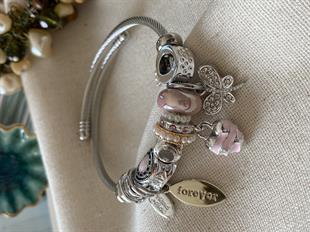 Çelik Pembe Kalp Charm Bileklik