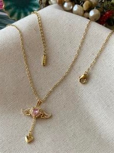 Çelik Pembe Kanatlı Kalp Kolye