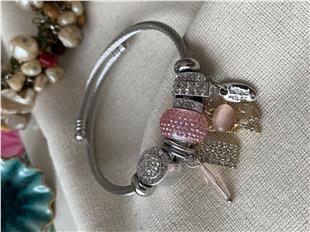 Çelik Pembe Kedi Charm Bileklik