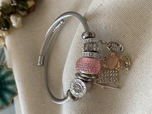 Çelik Pembe Kedi Charm Bileklik