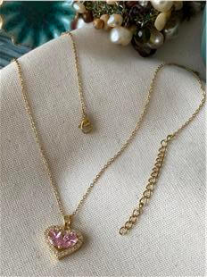 Çelik Pembe Taşlı Kalp Kolye