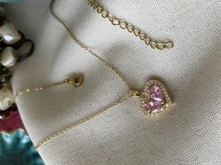 Çelik Pembe Taşlı Kalp Kolye