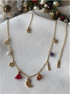 Çelik Püskül Detaylı Ay Charmlı Kolye