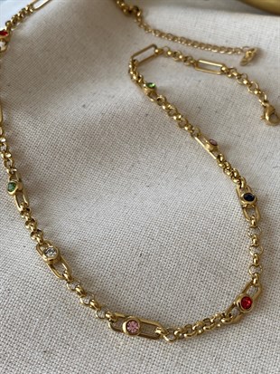 Çelik Renk Taş Detaylı Zincir Kolye